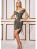 Off Shoulder Gold Lurex Drawstring Side Midi Party Dress